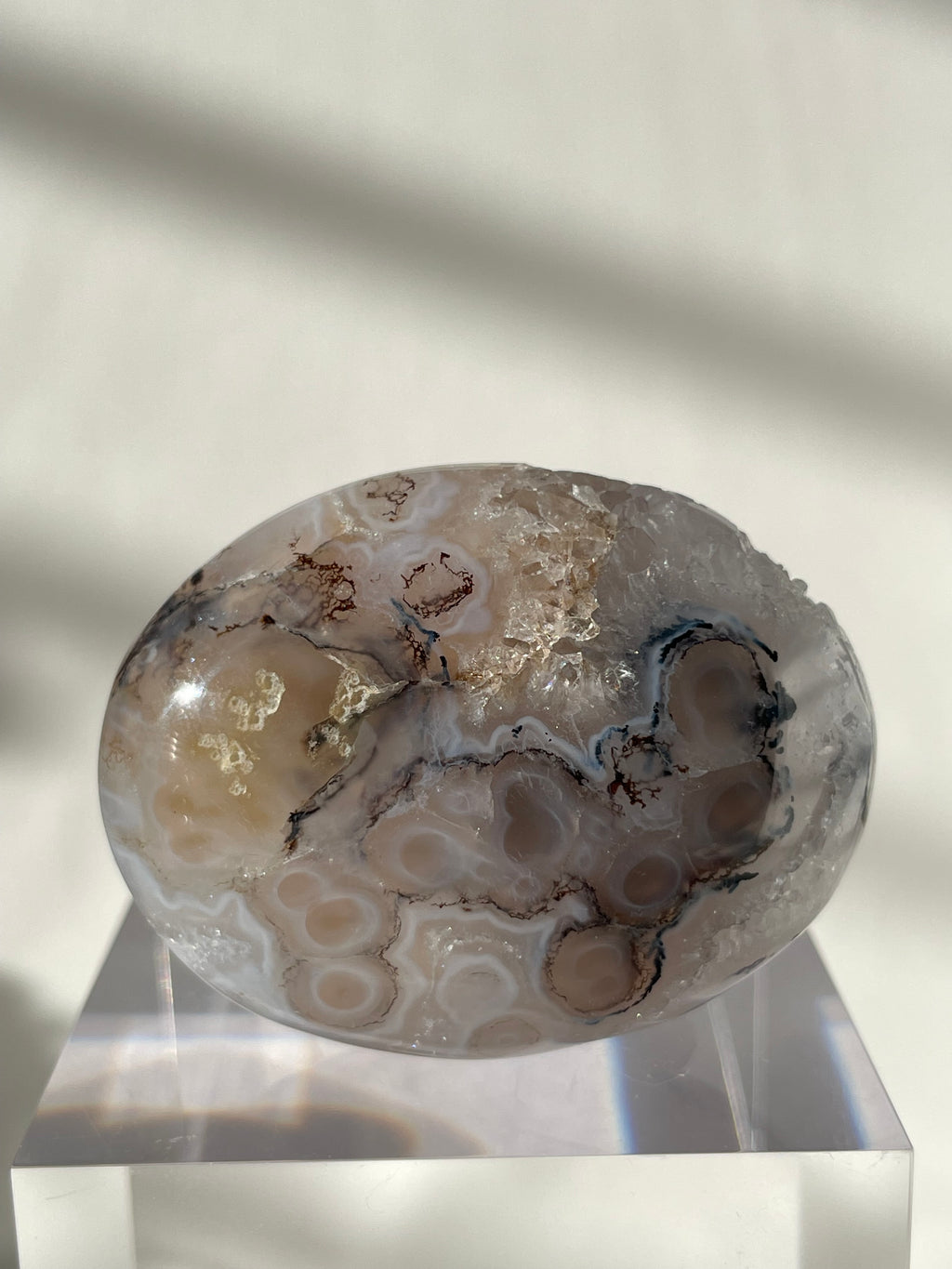 Scenic moss agate palm stone with unique patterns, displayed on a clear stand, showcasing its natural beauty.