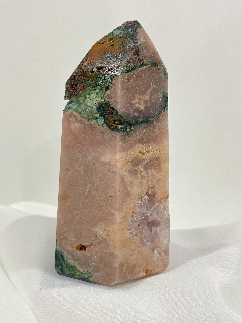 Beautiful pink amethyst tower with scenic moss agate and flower agate accents, showcasing natural crystal formations.