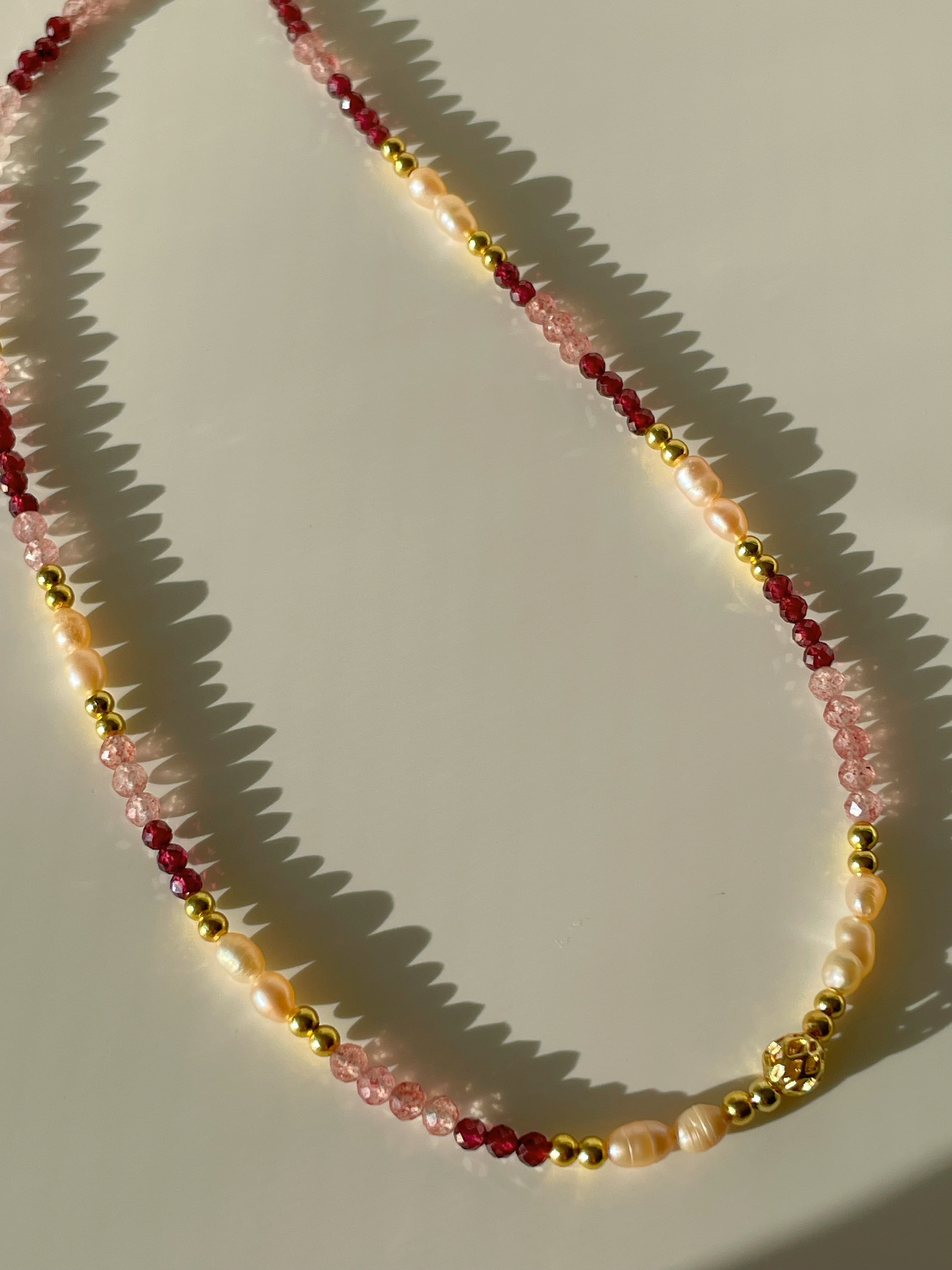Garnet & Strawberry Quartz Crystal Necklace - 3mm Faceted