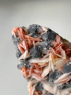 Stunning pink barite and cerussite crystals on a galena base, showcasing intricate textures and colors.