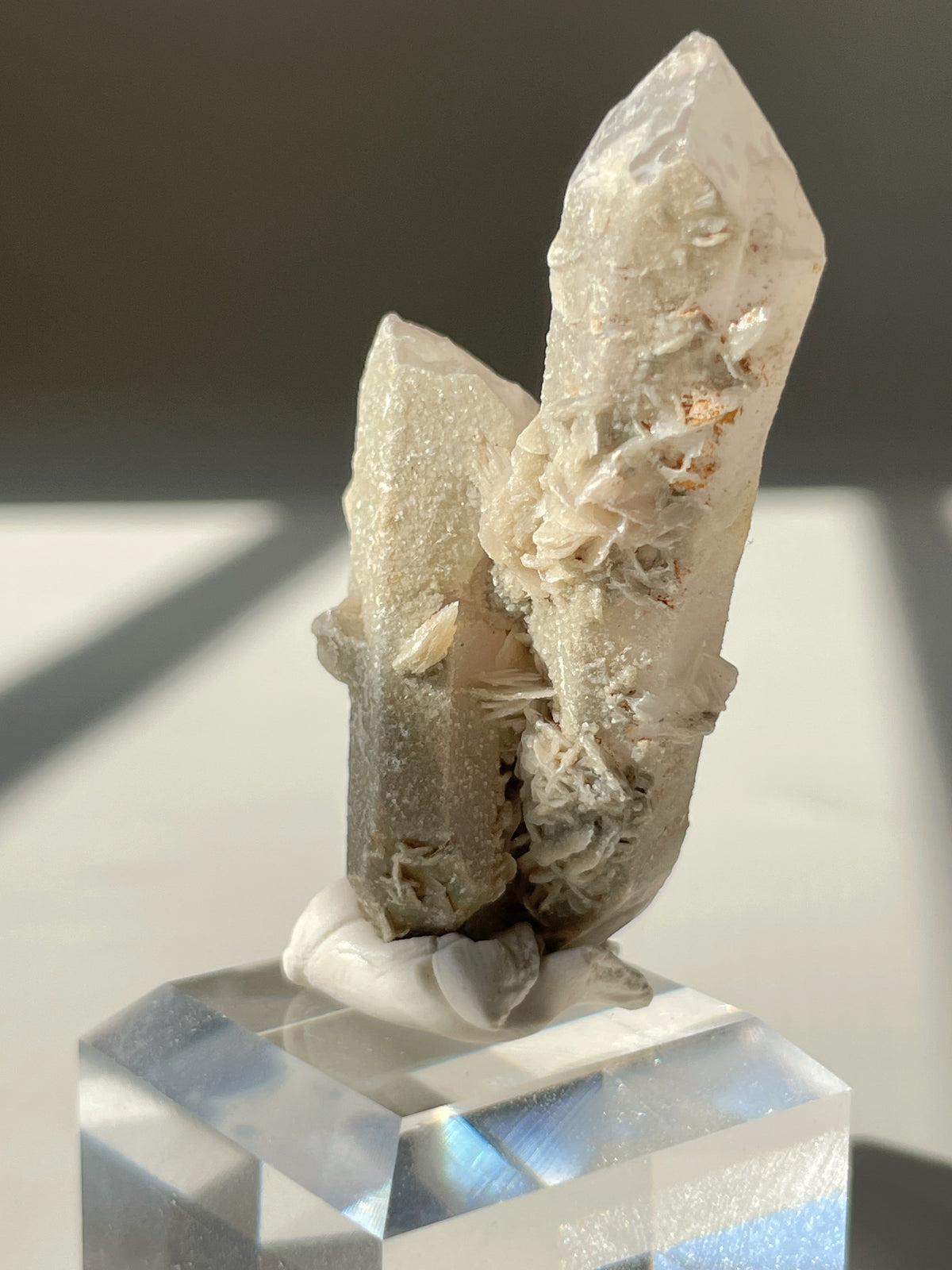 Beautiful flower calcite crystal specimen on a clear base, showcasing intricate textures and natural formations.