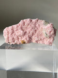 Rhodochrosite cluster with a soft pink hue, resting on a clear display stand, showcasing its natural texture.