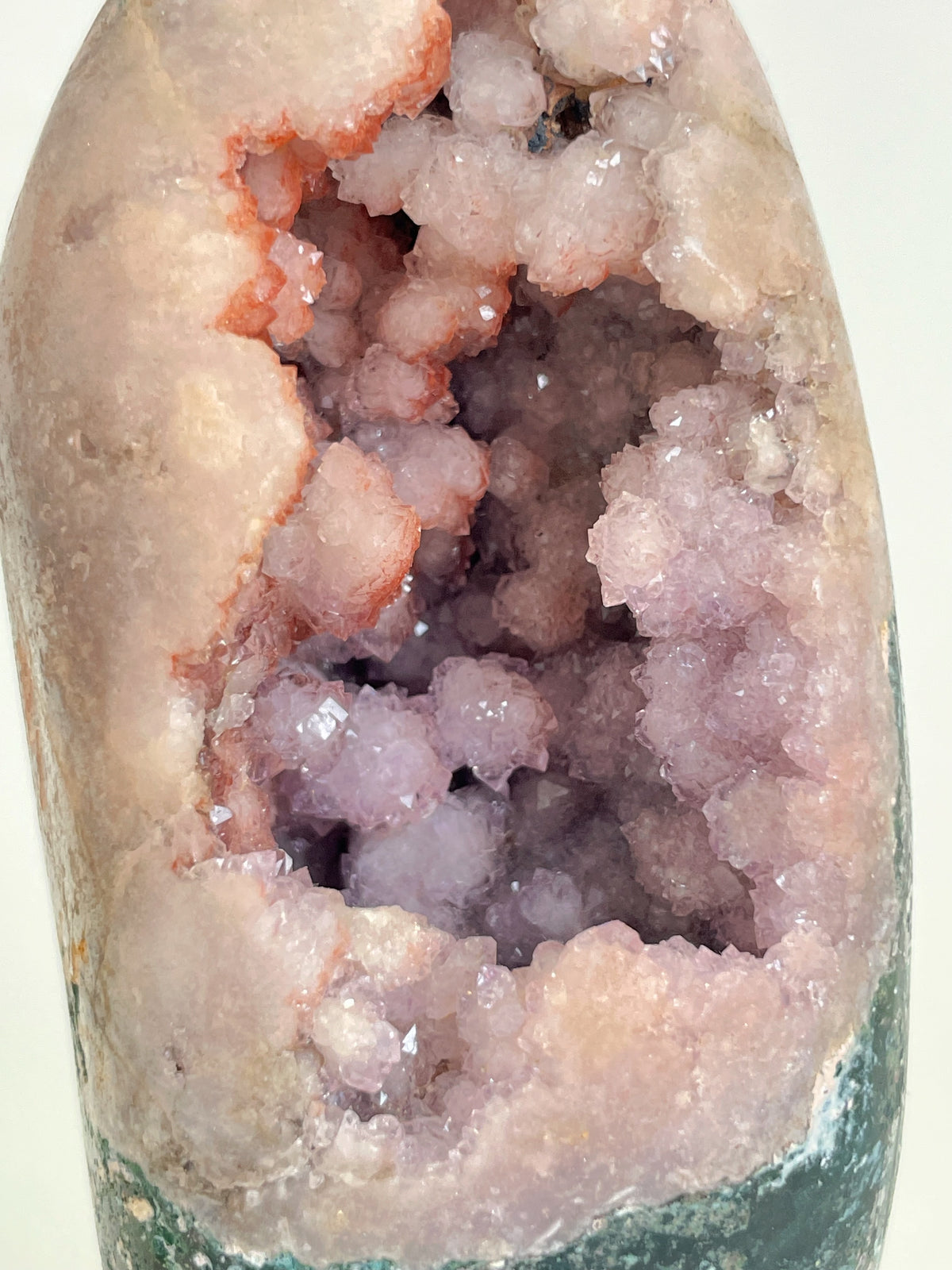 Beautiful botryoidal pink amethyst freeform with sparkling crystal clusters and soft pink hues.