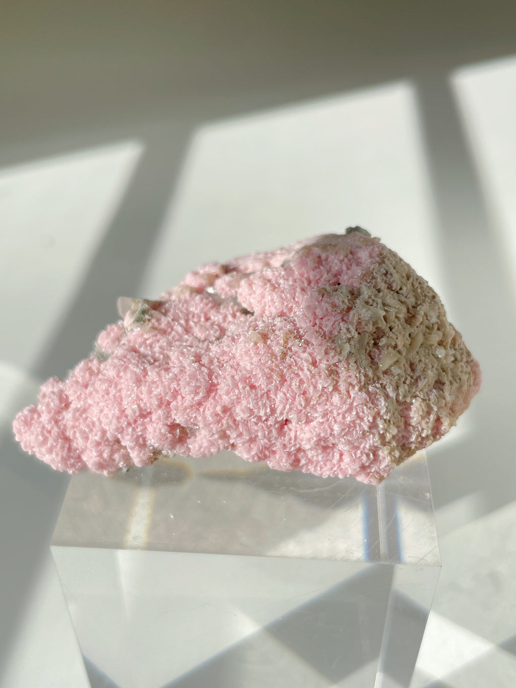 Beautiful rhodochrosite cluster displayed on a clear stand, showcasing its soft pink hues and textured surface.