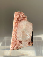 Beautiful pink Heulandite and Apophyllite crystal specimen displayed on a clear stand, showcasing its unique formations.