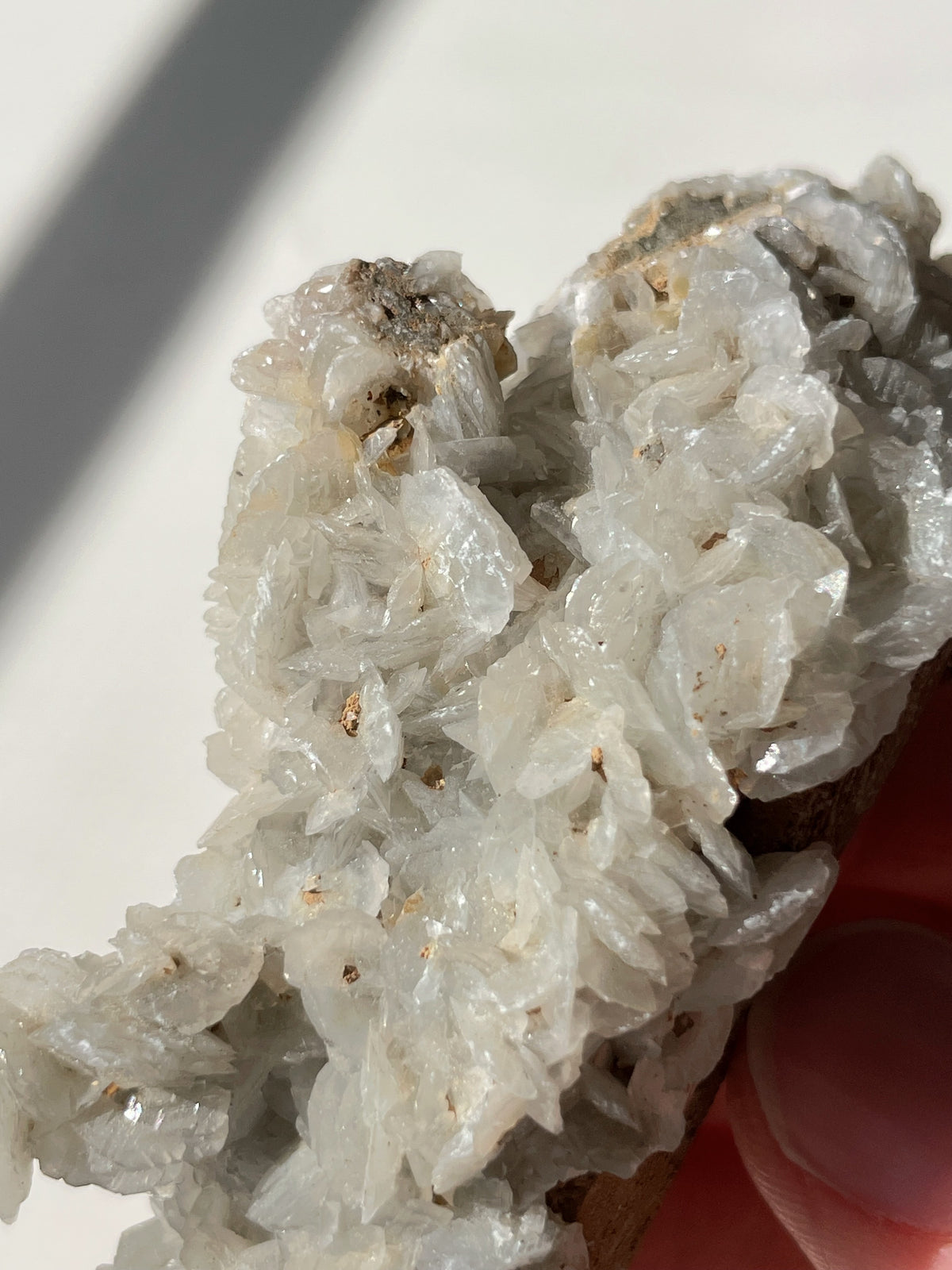 Beautiful crystal specimen featuring flower calcite with a textured surface, held by a hand.