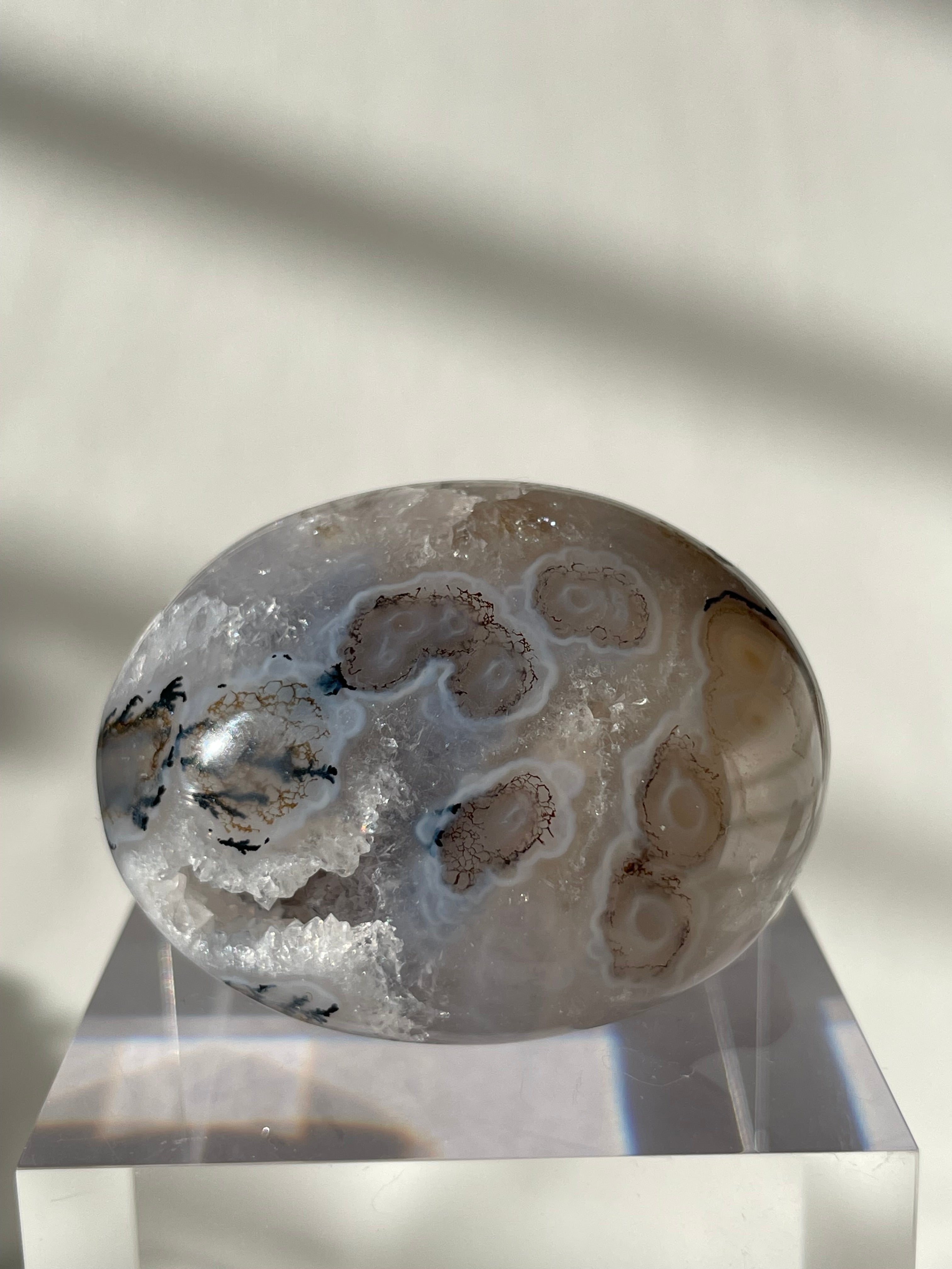 Scenic moss agate palm stone with unique patterns, displayed on a clear stand, showcasing its natural beauty.