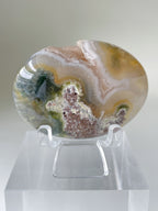 Scenic moss agate palm stone with earthy tones displayed on a clear stand, showcasing its unique patterns.