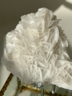 Beautiful petal bladed calcite specimen with intricate layered formations, displayed elegantly on a stand.