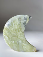 Green Maligano Jasper moon-shaped crystal specimen with unique patterns and textures, beautifully displayed.