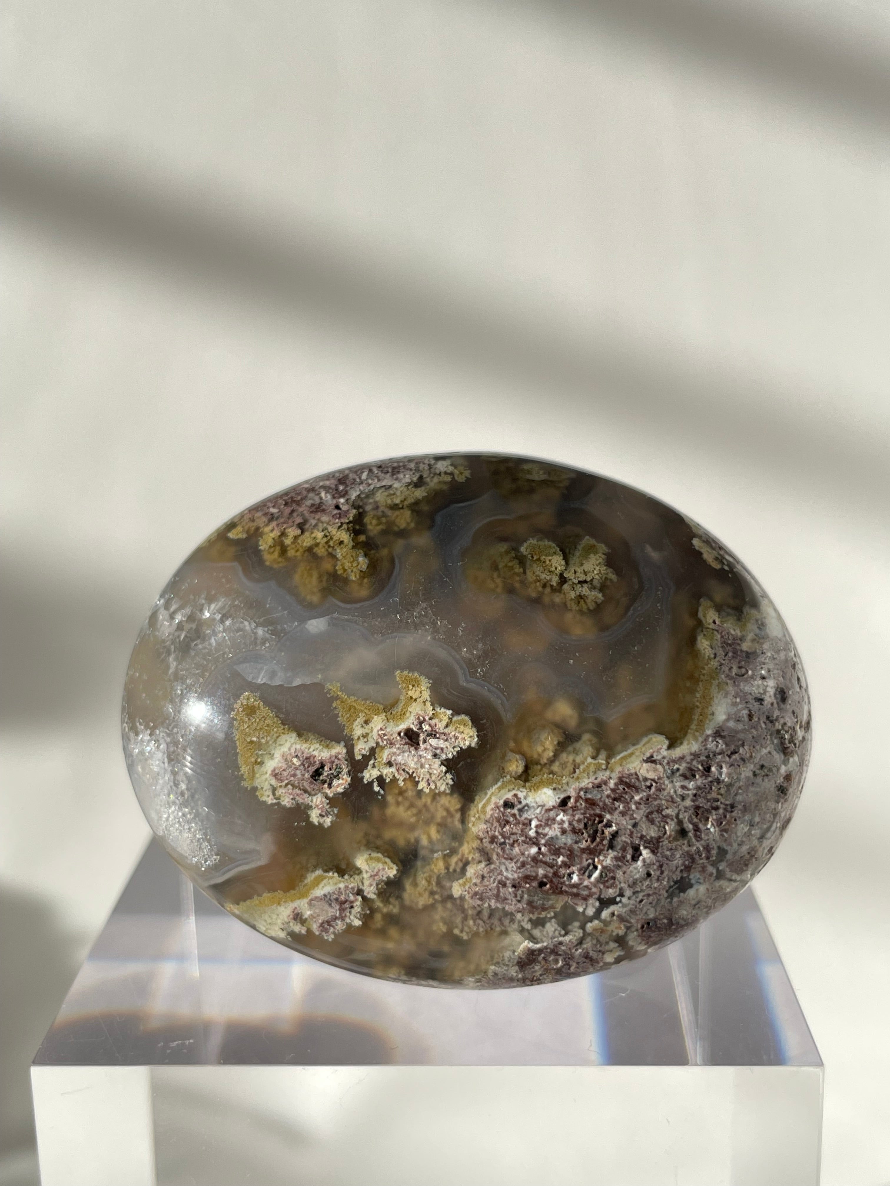 Scenic moss agate palm stone with earthy tones and unique patterns, resting on a clear display stand.