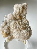 Bladed petal calcite specimen with a textured surface, displayed on a clear stand, showcasing its natural beauty.