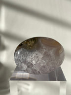 Scenic moss agate palm stone with unique patterns, displayed on a clear pedestal against a softly lit background.