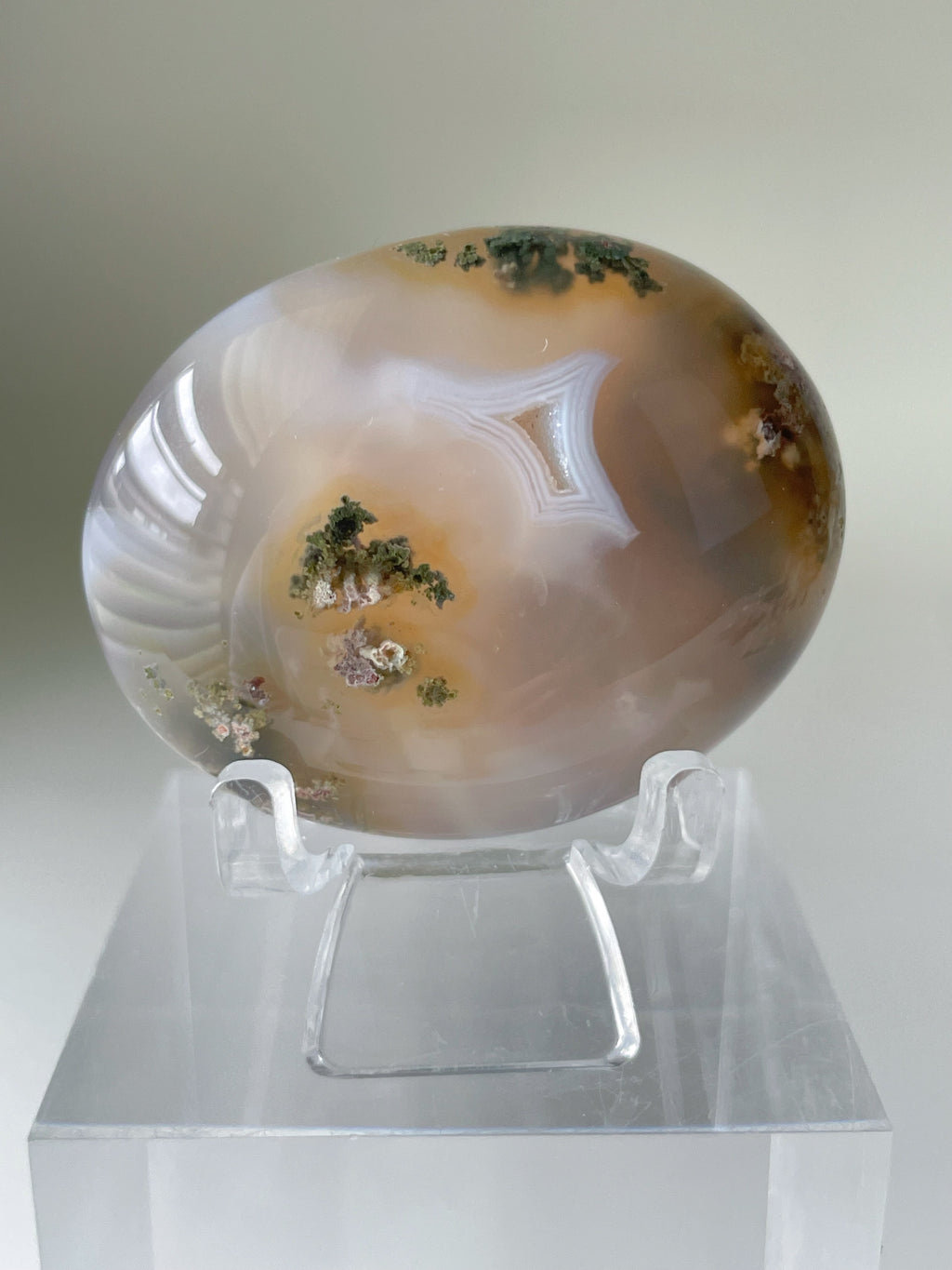 Scenic moss agate palm stone with earthy tones and intricate patterns, displayed on a clear stand.