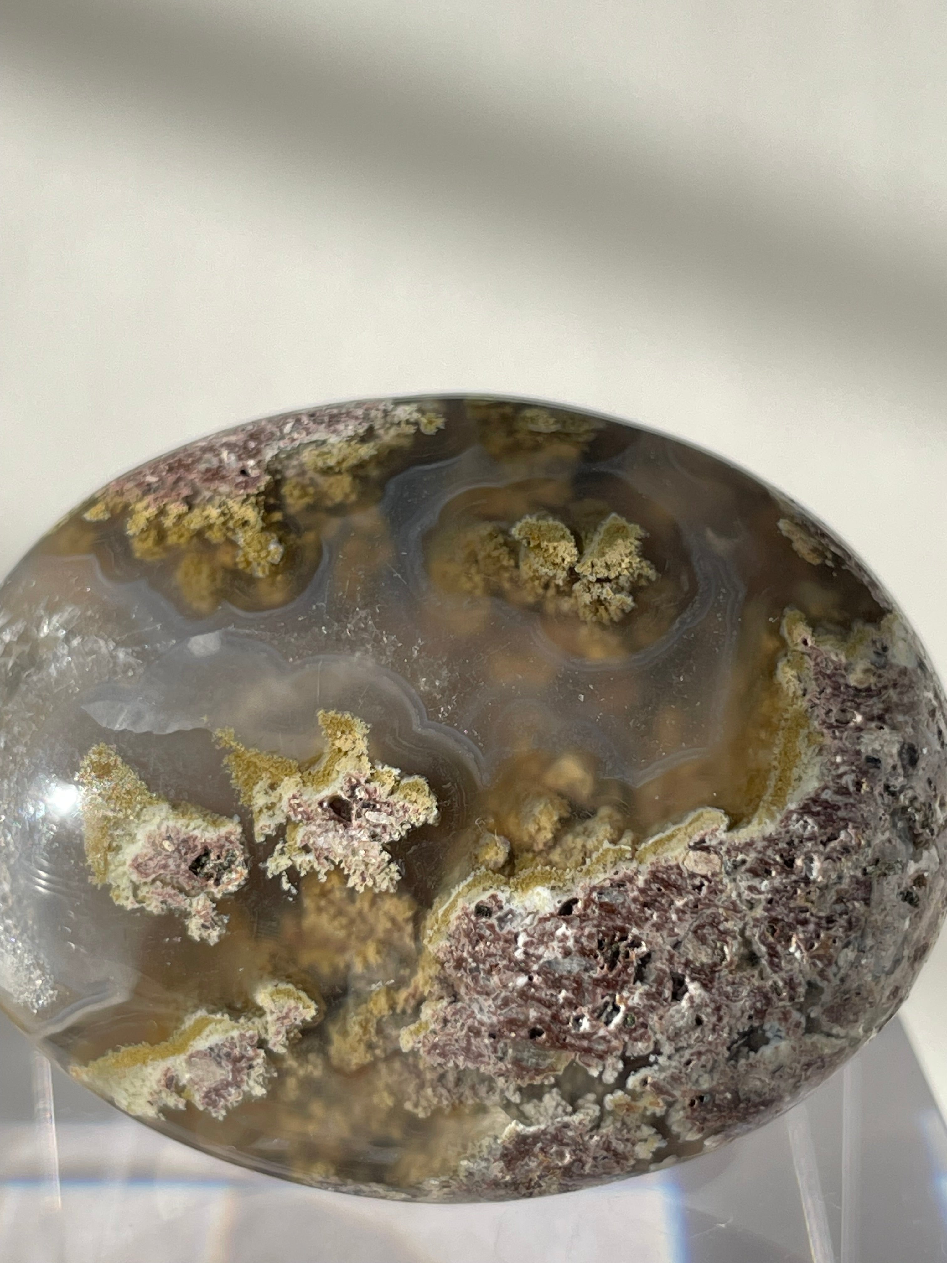 Scenic moss agate palm stone featuring earthy tones and intricate patterns, displayed on a clear stand.