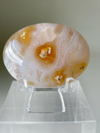 Scenic moss agate palm stone displayed on a clear stand, showcasing its unique patterns and warm colors.