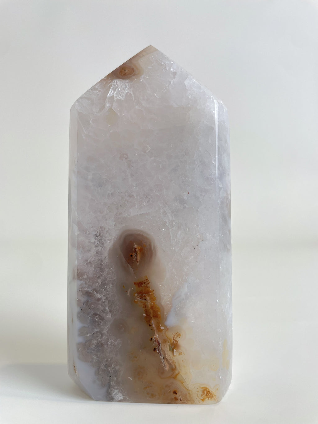 Druzy Agate Tower with a smooth, polished surface showcasing natural patterns and earthy tones.