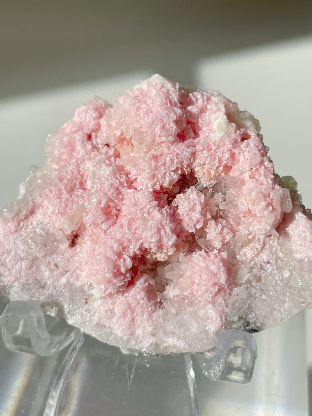 Beautiful rhodochrosite cluster with delicate pink crystals, displayed on a clear stand, showcasing its natural beauty.