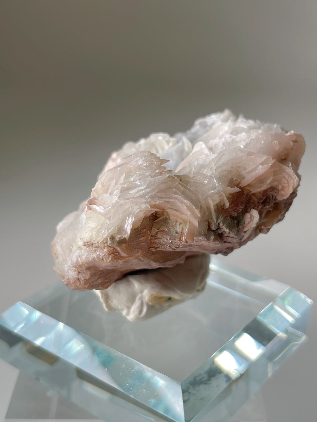 Beautiful pink petal calcite specimen resting on a clear crystal base, showcasing delicate layers and textures.