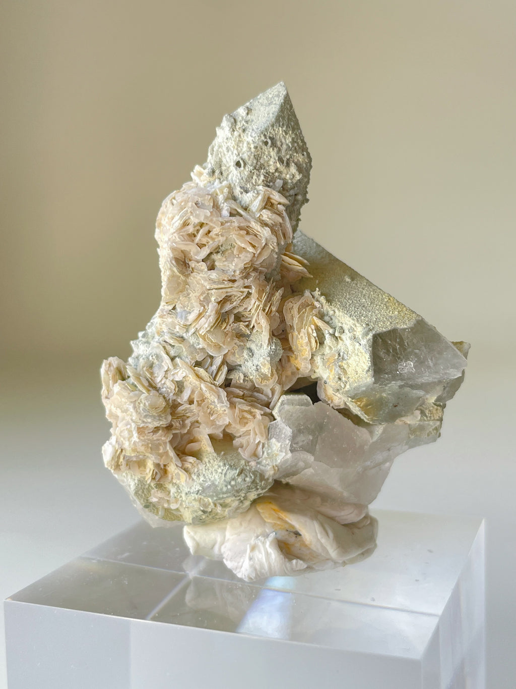 Beautiful specimen of petal calcite on quartz, showcasing delicate textures and soft colors, displayed on a clear base.
