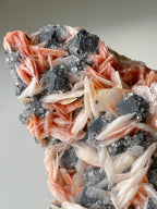 Stunning mineral specimen featuring pink barite and cerussite crystals on galena, showcasing intricate textures.