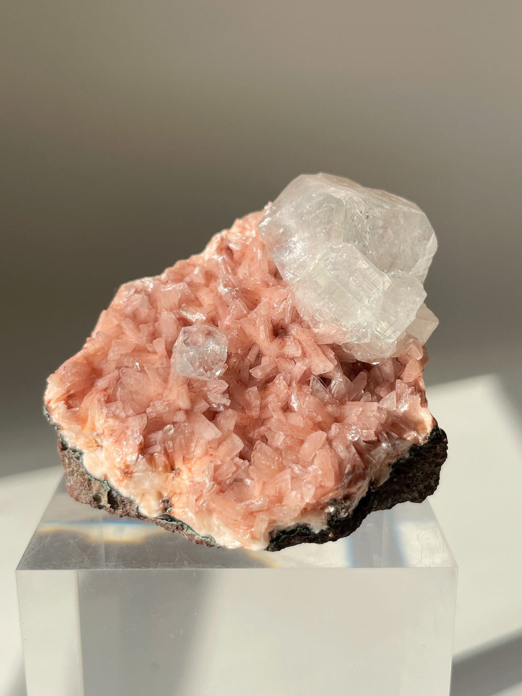 Beautiful pink Heulandite and Apophyllite crystal specimen displayed on a clear stand, showcasing its natural beauty.