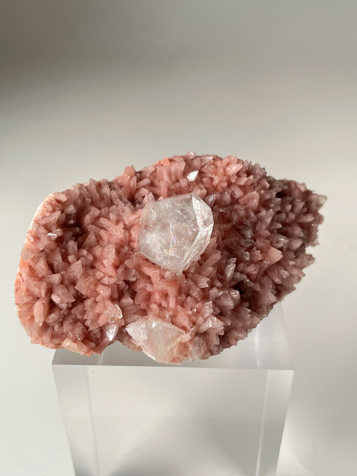 Beautiful pink Heulandite and Apophyllite crystal specimen displayed on a clear stand, showcasing its natural texture.