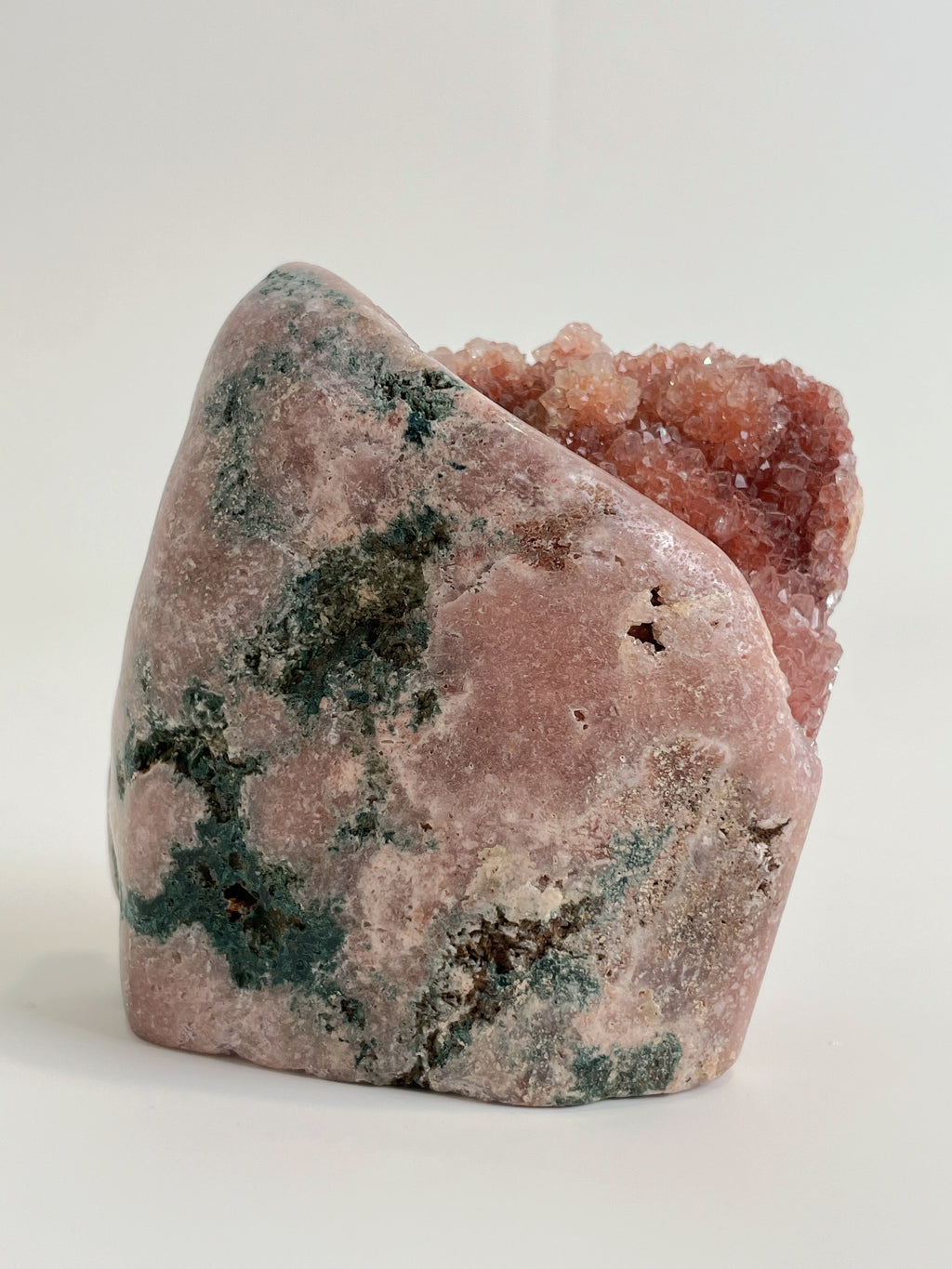 Beautiful botryoidal pink amethyst freeform specimen with green and pink hues, showcasing unique crystal formations.