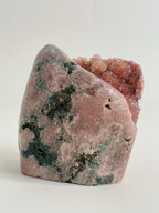 Beautiful botryoidal pink amethyst freeform specimen with green and pink hues, showcasing unique crystal formations.