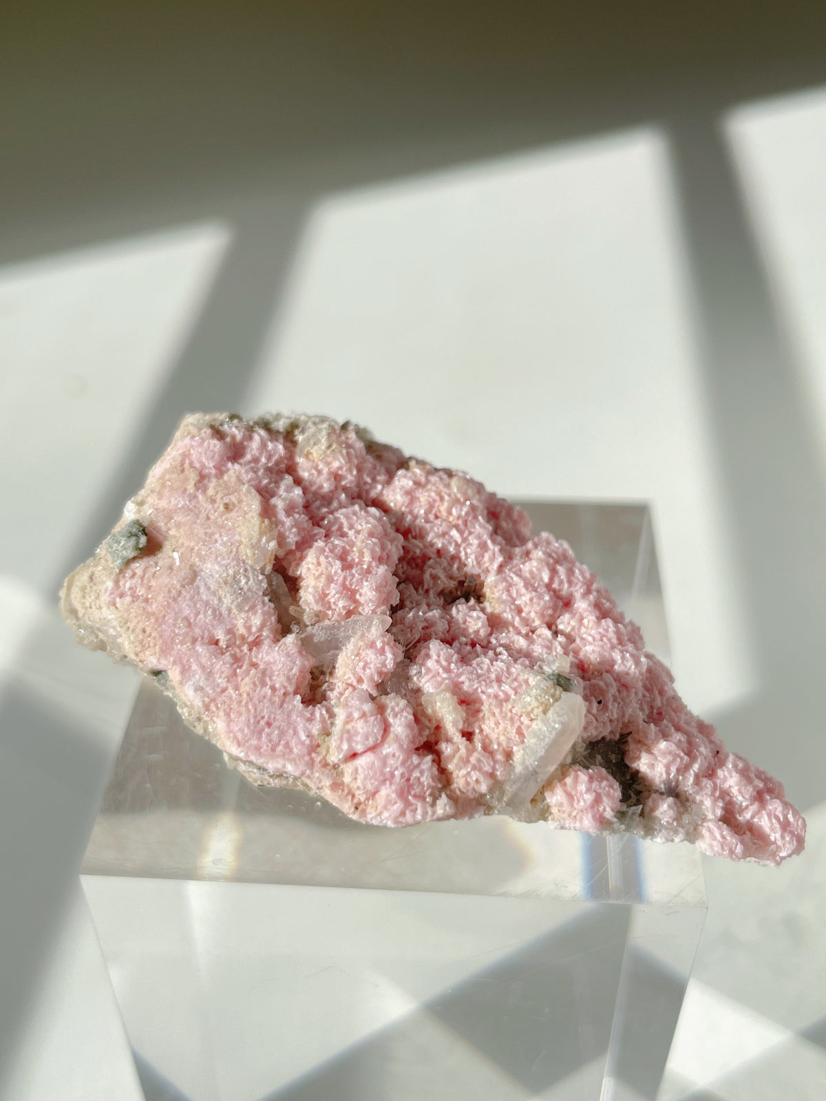 Beautiful rhodochrosite cluster with soft pink hues, resting on a clear display stand, showcasing its unique texture.