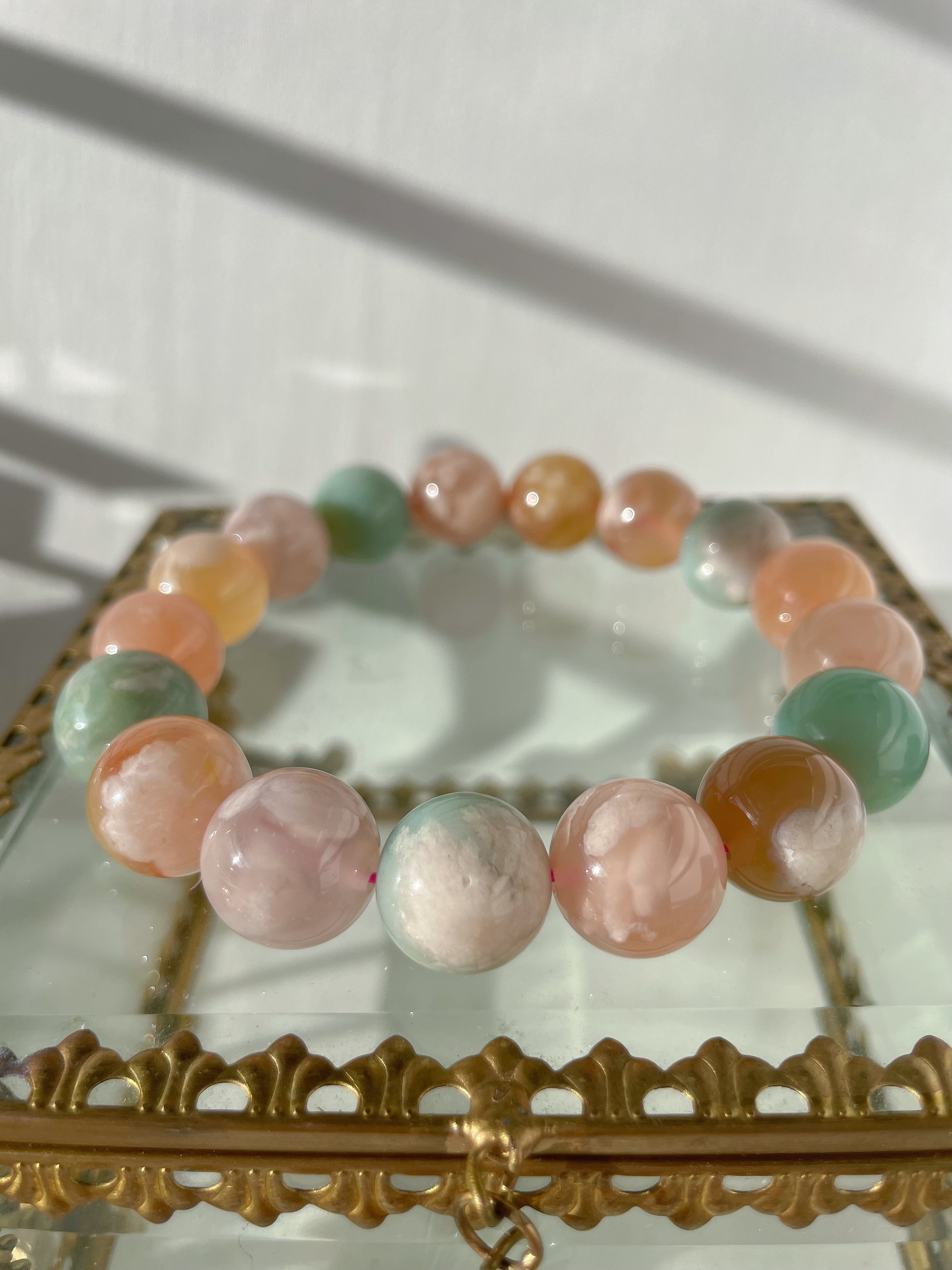Green Flower Agate Bracelet - Chunky 14mm