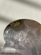Scenic moss agate palm stone featuring earthy tones and crystal formations, beautifully displayed on a clear stand.