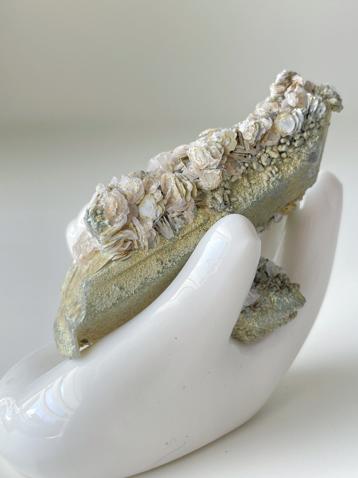 Beautiful rosette petal calcite specimen resting in a white hand sculpture, showcasing intricate floral patterns.