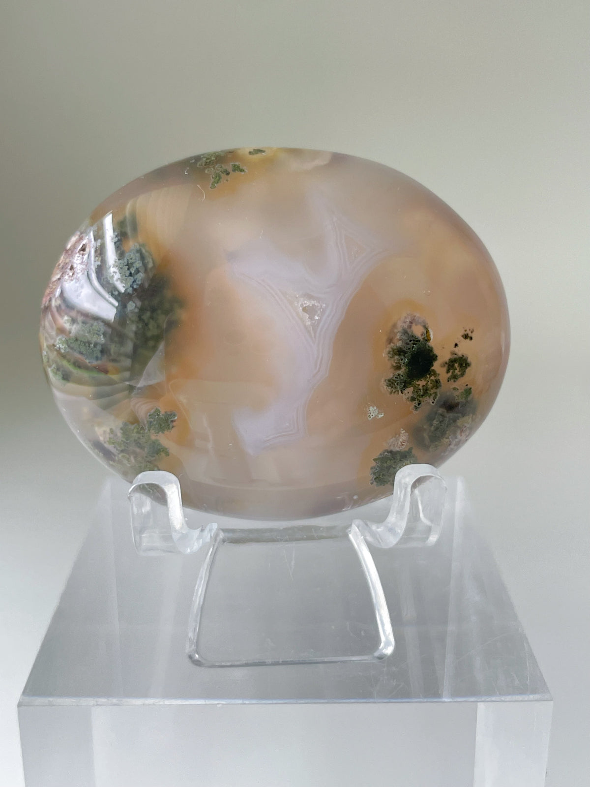 Scenic moss agate palm stone displayed on a clear stand, showcasing earthy tones and natural patterns.