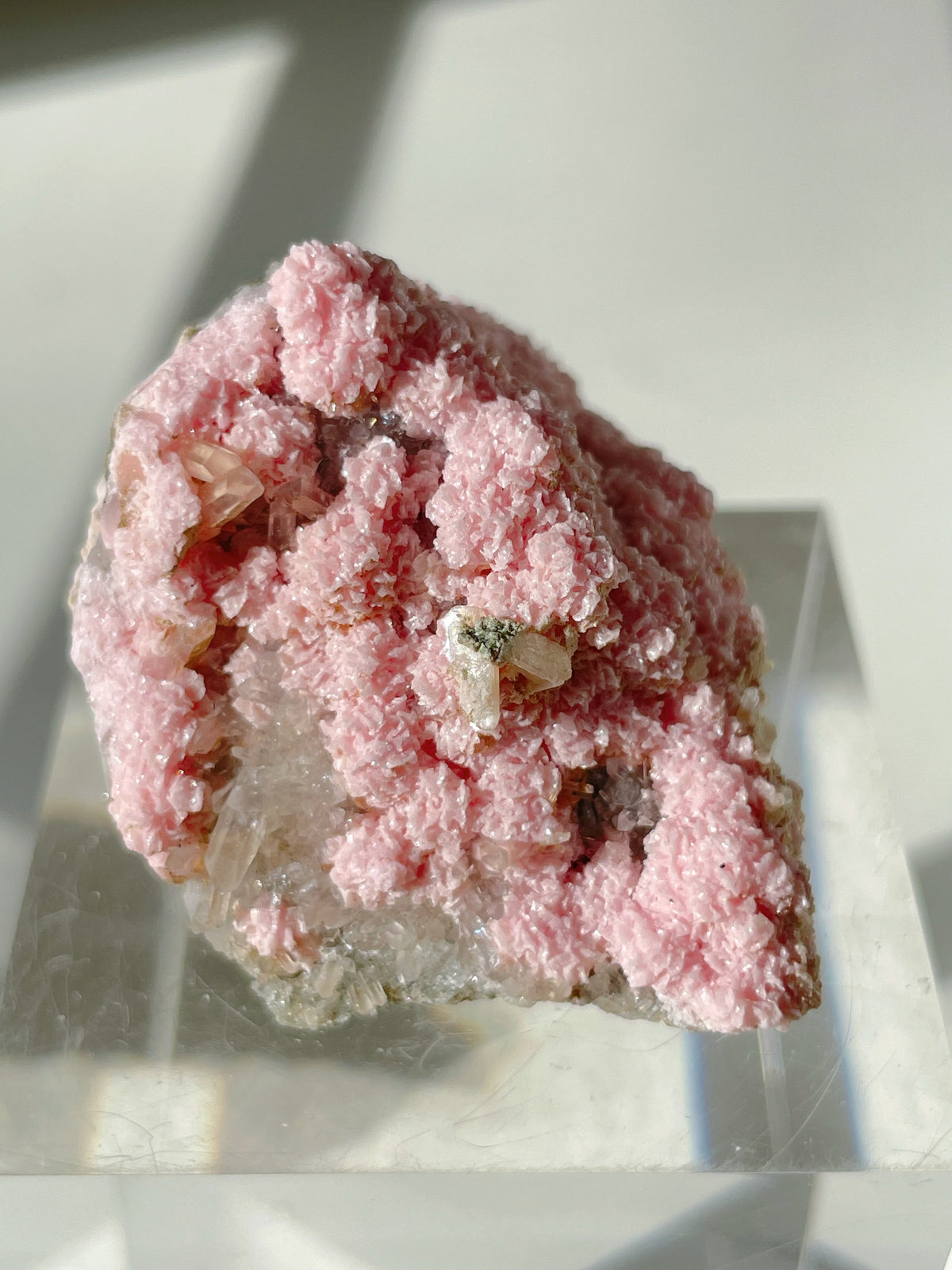 Rhodochrosite cluster with a soft pink hue, showcasing a textured surface, displayed on a clear pedestal.