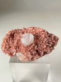 Pink Heulandite and Apophyllite crystal specimen displayed on a clear stand, showcasing its beautiful texture and color.