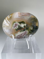 Scenic moss agate palm stone displayed on a clear stand, showcasing earthy tones and intricate patterns.