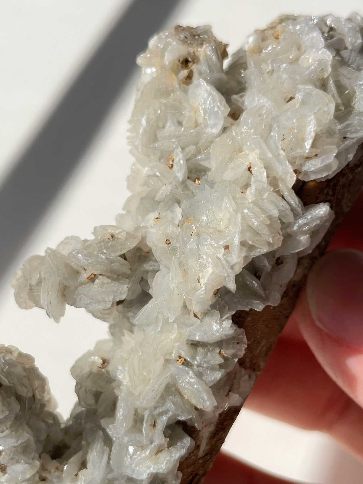 Beautiful flower calcite specimen with intricate crystal formations, held gently in a hand.
