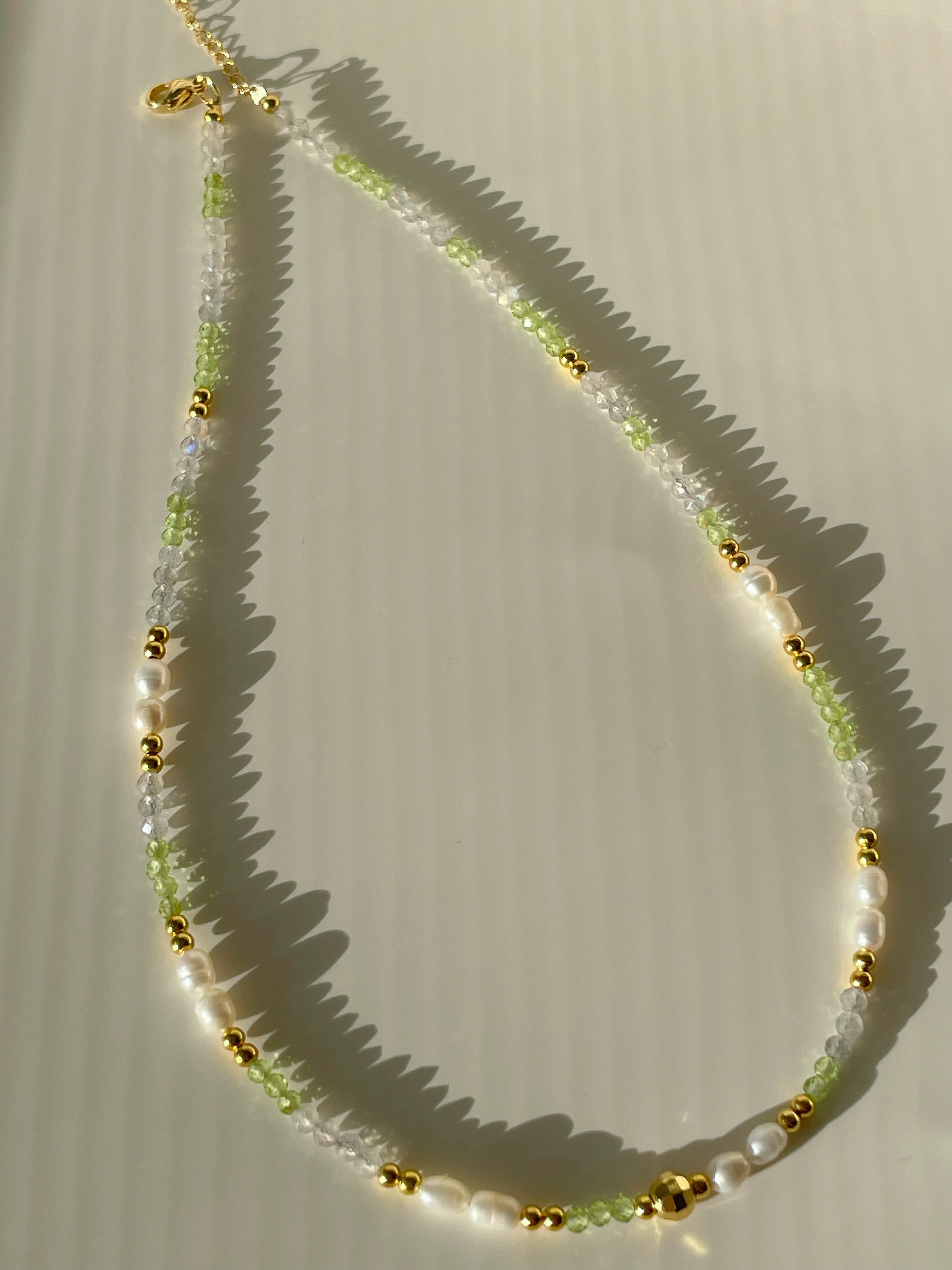 Peridot & Grey Moonstone Crystal Necklace - 3mm Faceted