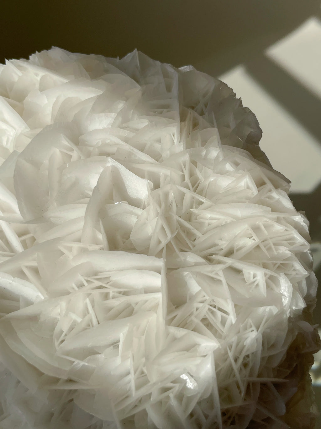 Intricate white crystal specimen with delicate petal-like blades, showcasing natural beauty and unique texture.