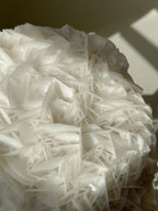 Intricate white crystal specimen with delicate petal-like blades, showcasing natural beauty and unique texture.