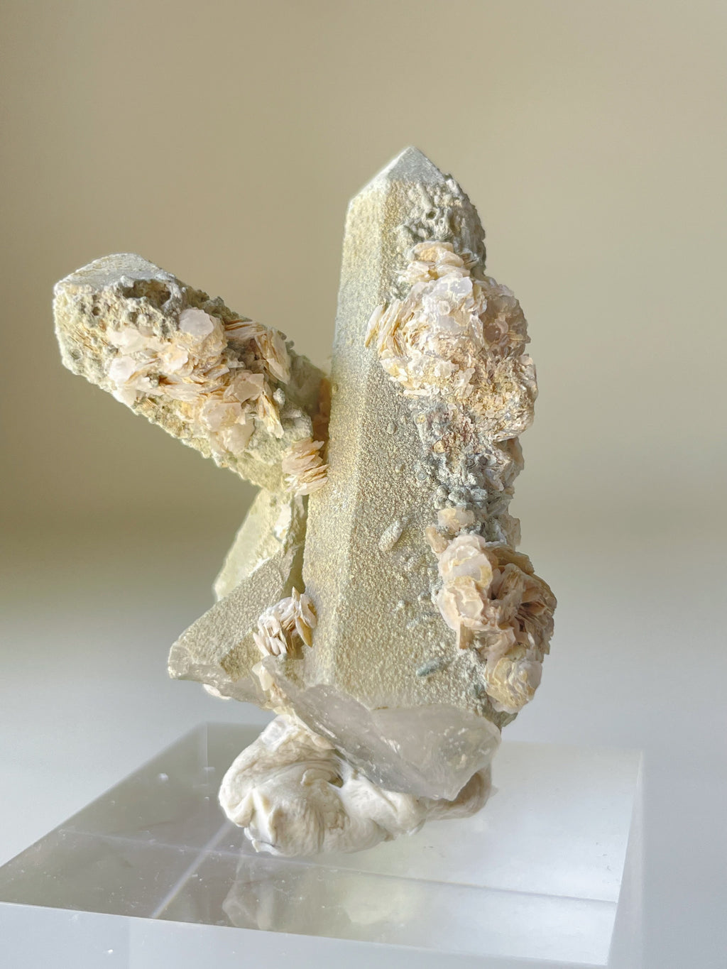 Beautiful crystal specimen featuring Petal Calcite on Quartz, showcasing unique formations and textures.