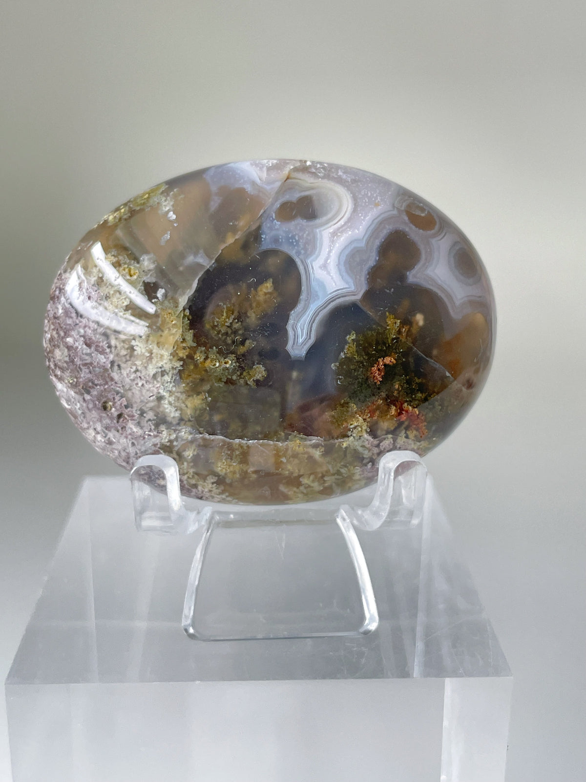 Scenic moss agate palm stone displaying intricate patterns and earthy colors, elegantly showcased on a clear stand.