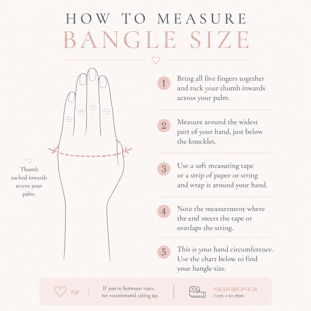 Bangle size measurement guide with hand illustration and instructions for measuring bangle size accurately.