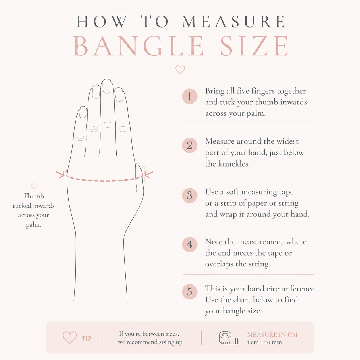 Bangle size measurement guide with hand illustration and instructions for measuring bangle size accurately.