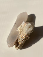 Flower calcite on quartz, showcasing delicate crystal formations with a soft pink hue and intricate textures.