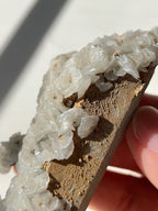 Beautiful crystal specimen featuring delicate flower calcite on a textured base, held gently in a hand.