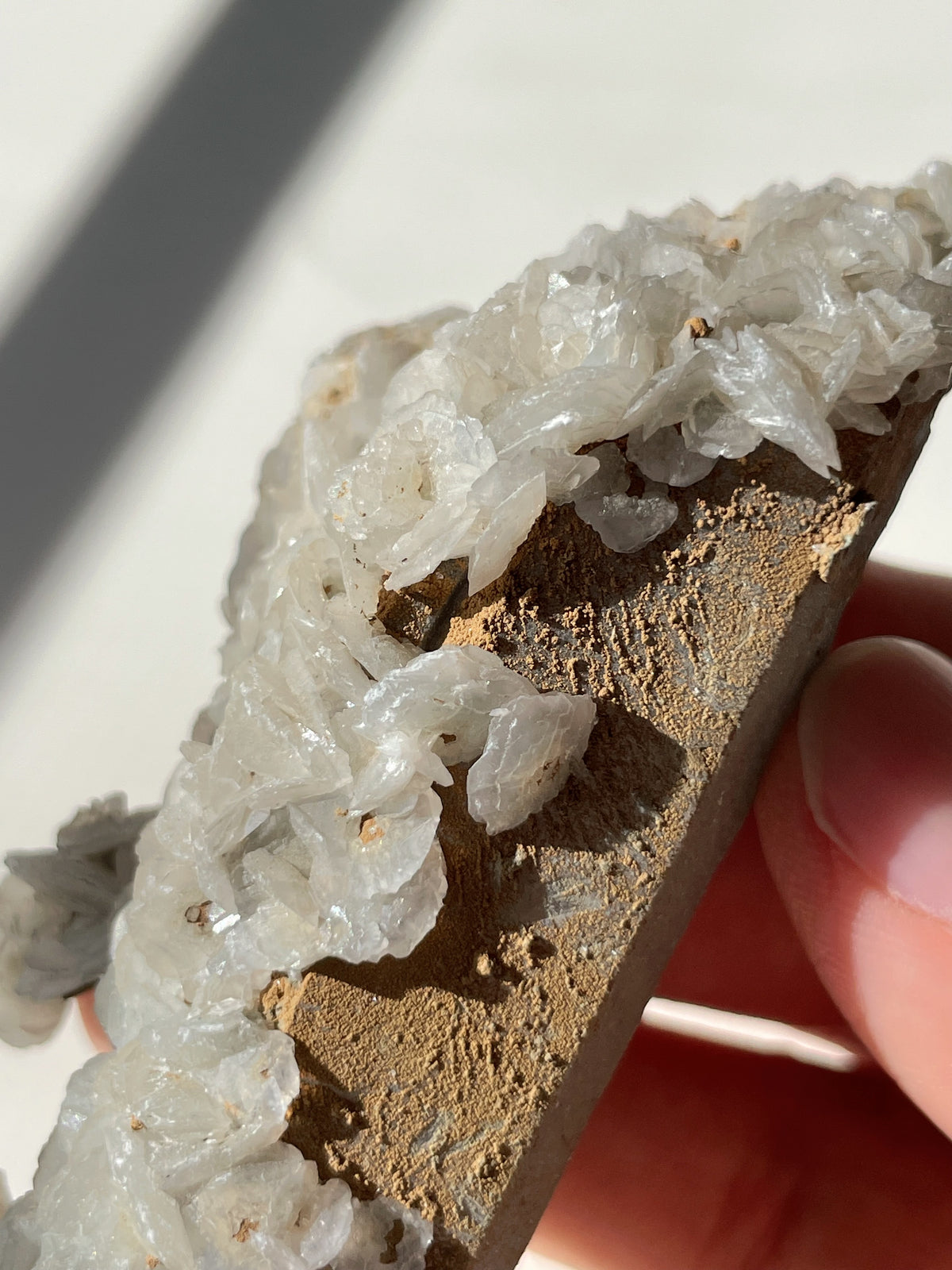 Beautiful crystal specimen featuring delicate flower calcite on a textured base, held gently in a hand.