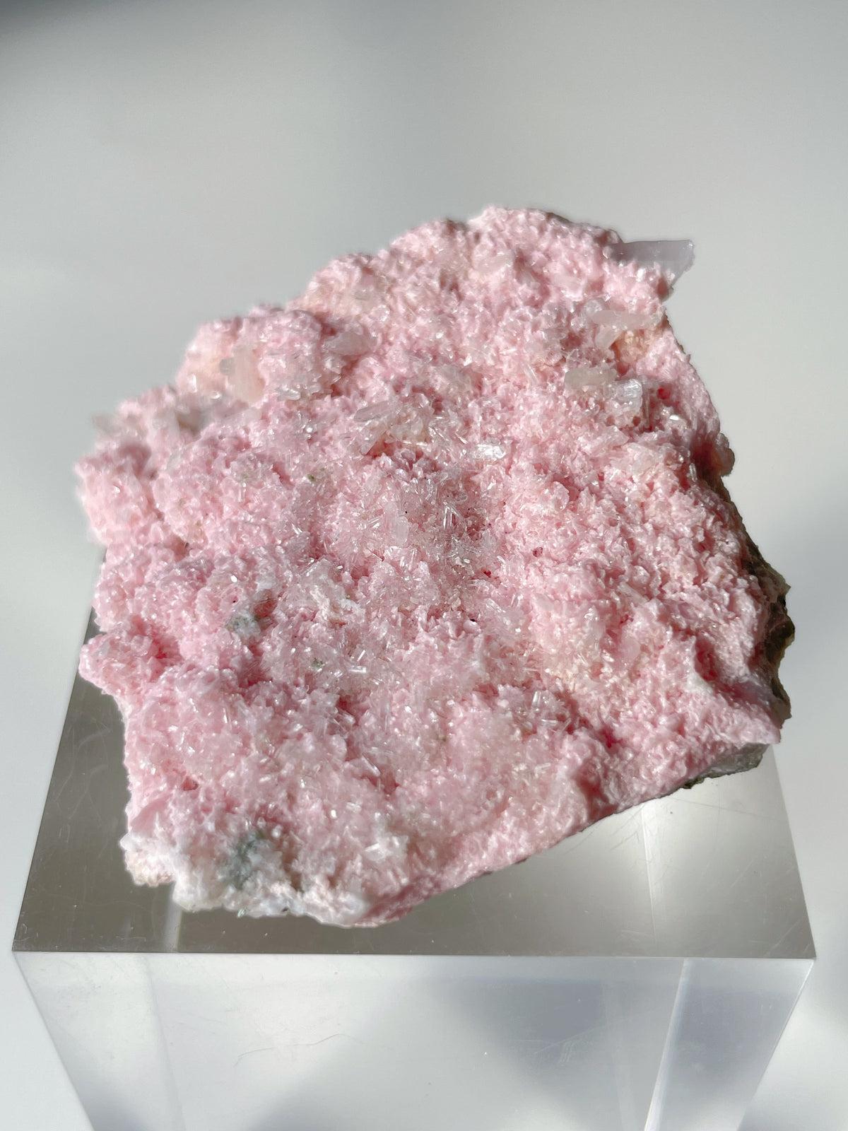 Beautiful rhodochrosite cluster with a soft pink hue, resting on a clear display stand.