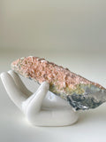 Beautiful pink petal calcite specimen resting on a white ceramic hand display, showcasing intricate textures.